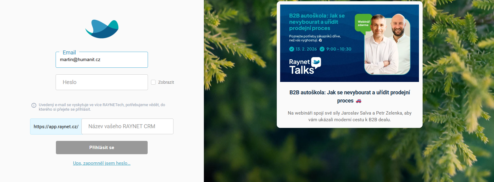 Screenshot: Log in to Raynet CRM